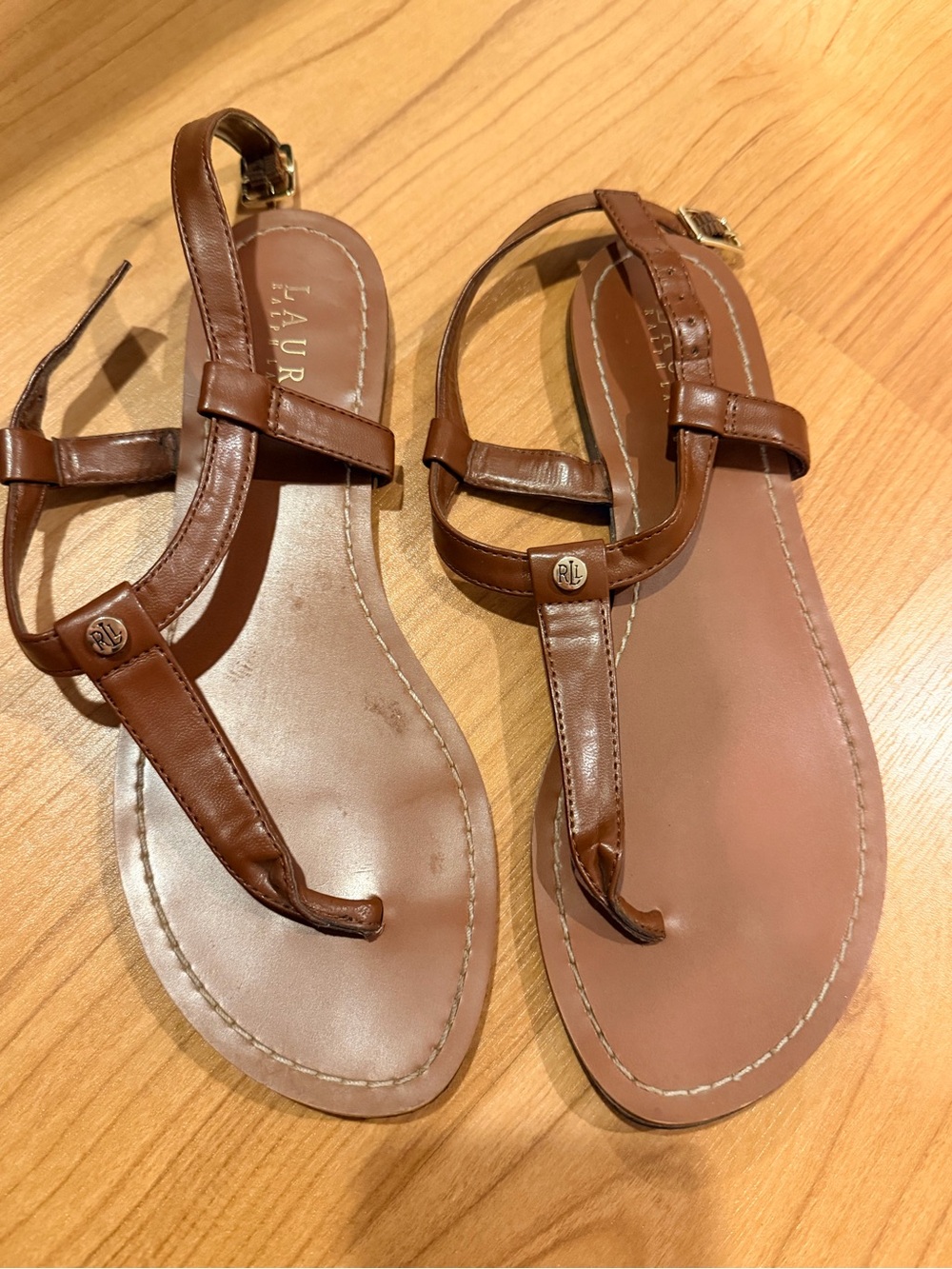 Lauren Ralph Lauren Brown Leather T-Strap Sandals size